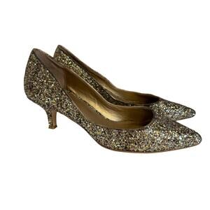 Belle Badgley Mischka Pump Shoes Women 8.5M Gold Glitter Kitten Heel Embellished